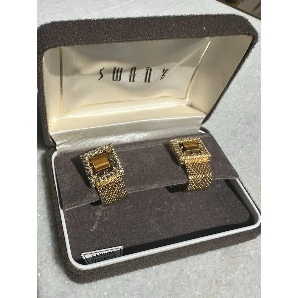 Vintage MCM SWANK Square Oval Tigers Eye Cufflink Set Gold Tone Original Box